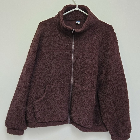 Old Navy Jackets & Blazers - Old Navy Sz L Oversized Slouchy Cozy Dark Brown Sherpa Fleece  Zipper Jacket